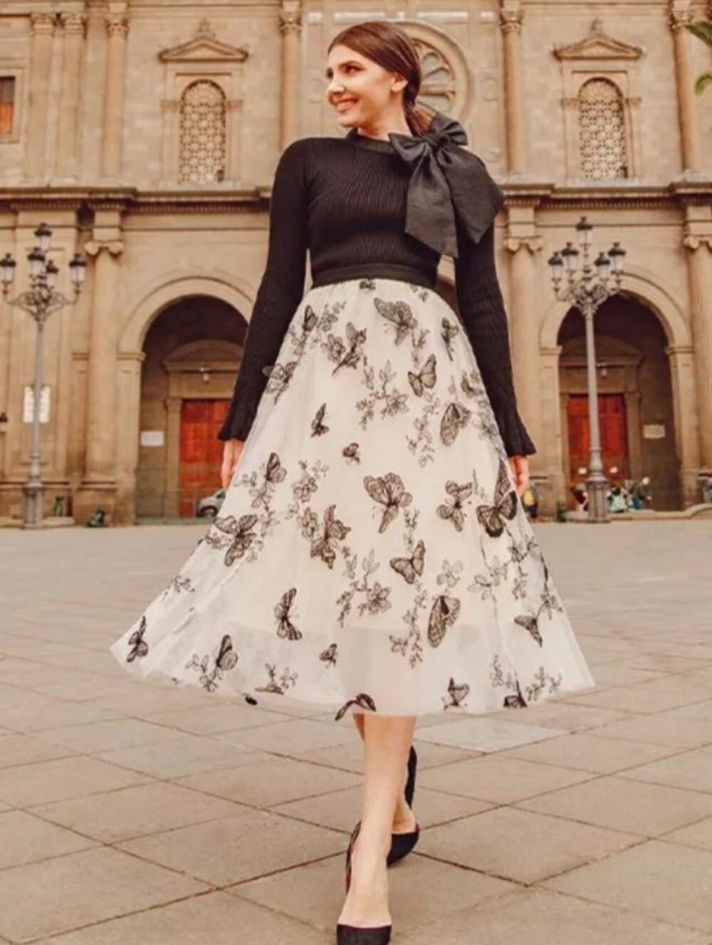 Elegant Black & White Embroidered Butterfly Midi Skirt